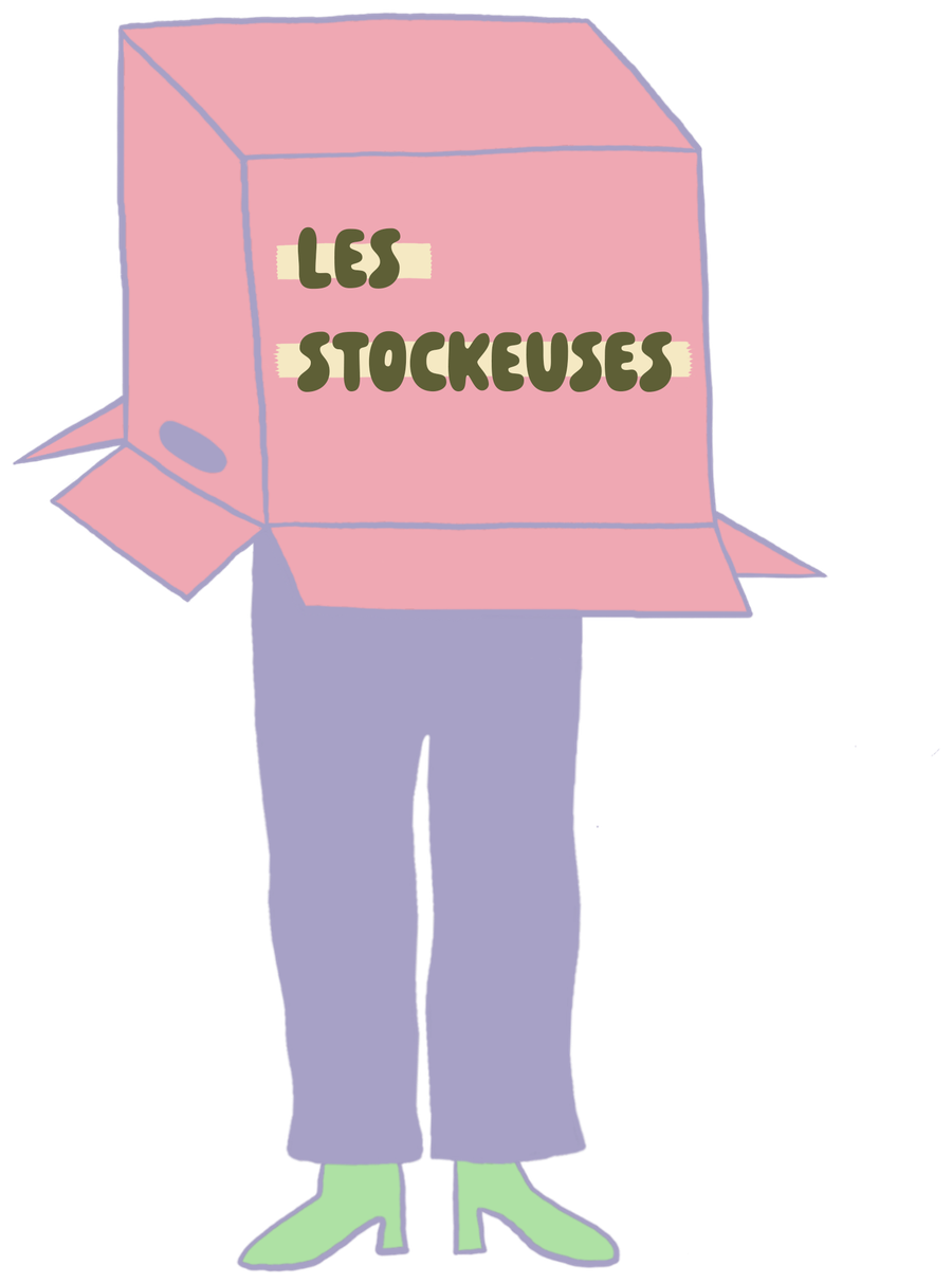 Illustration d'une accessoiriste avec une tête en carton, sur laquelle est écrit Les Stockeuses